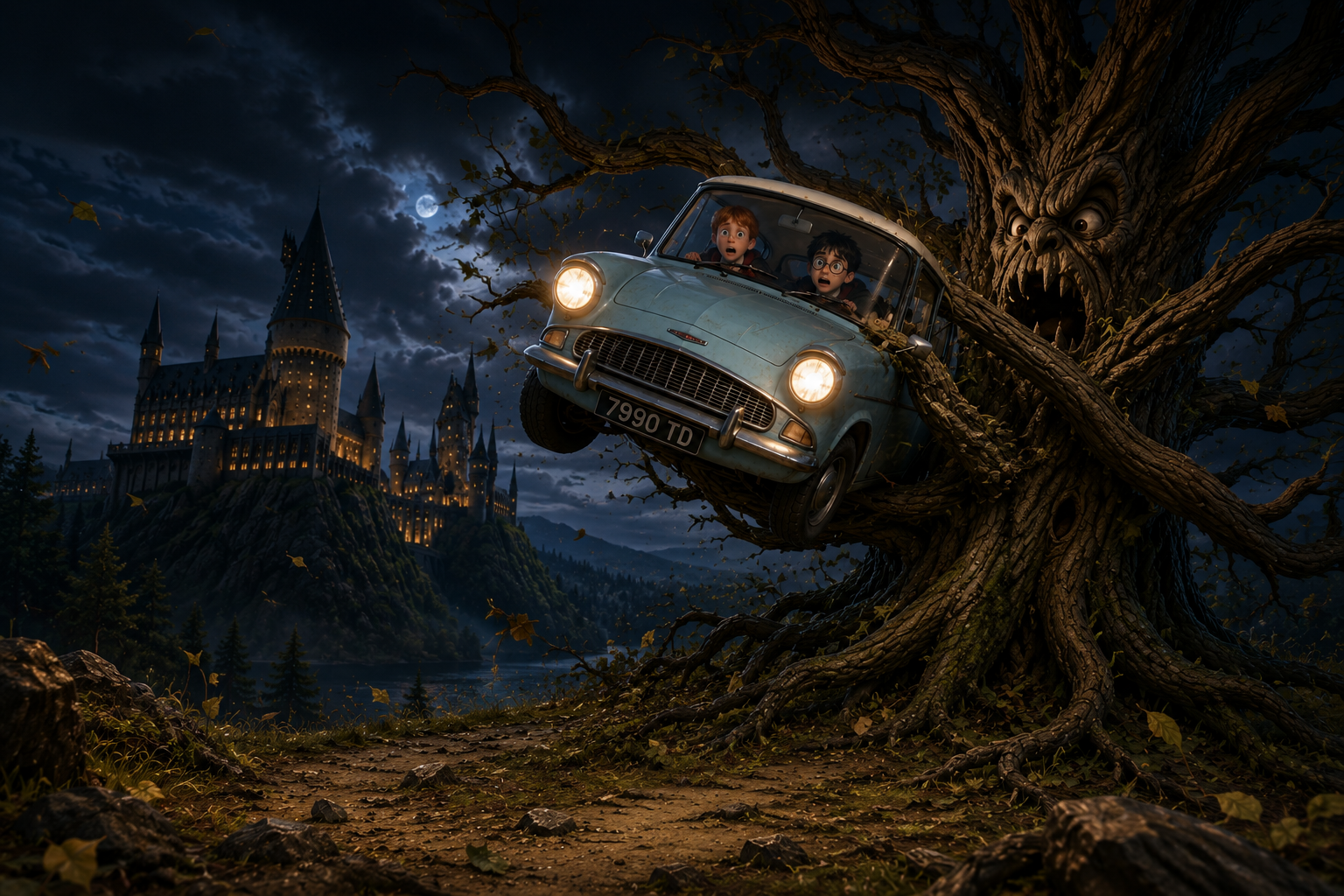 Harry and Ron in the blue flying car near the Whomping Willow